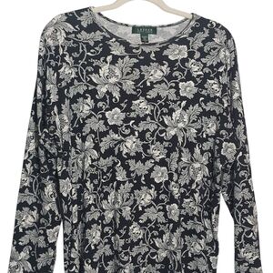 Lauren Ralph Lauren 2X Black & white long-sleeved floral damask top. Versatile